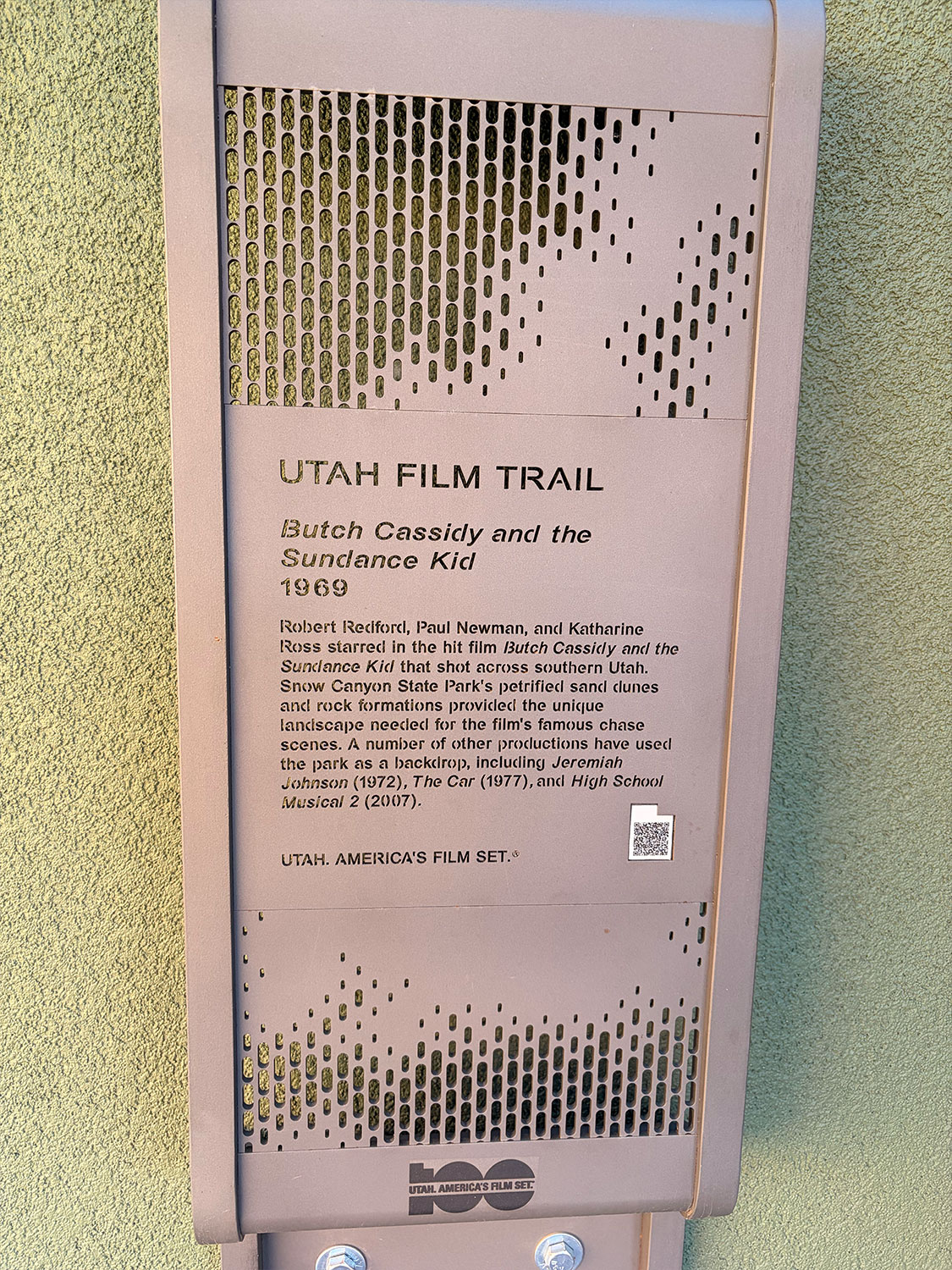 Utah Film Trail sign for Butch Cassidy and the Sundance Kid at Snow Canyon State Park
