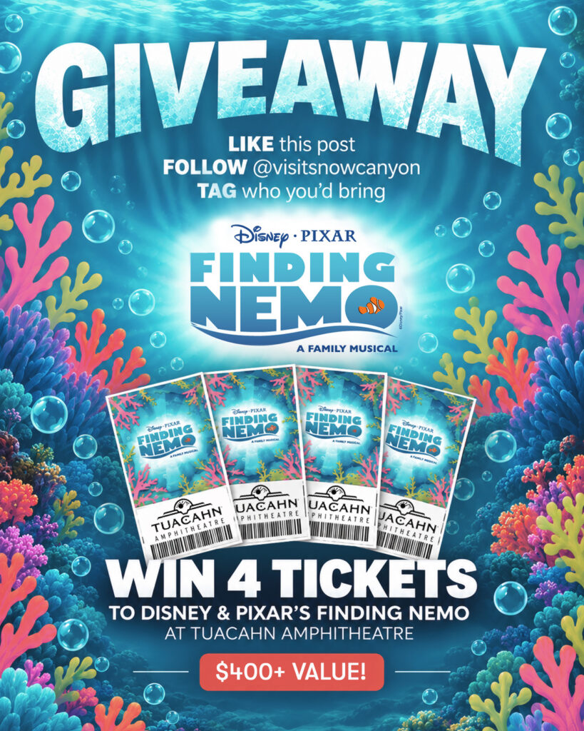 Giveaway: win 4 tickets to Disney and Pixar's Finding Nemo at Tuacahn Amphitheatre. Like the post, follow @visitsnowcanyon, and tag who you'd bring.
